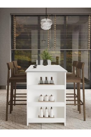 Vegas Bar Masası Raflı Geniş Mutfak Yemek Masası Beyaz - 138x69 cm