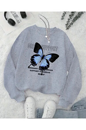 Kelebek Baskılıı Bisiklet Yaka İçi Polarlı Sweatshirt