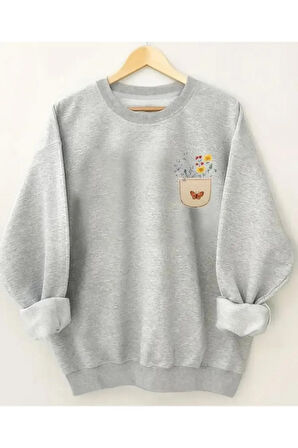 Göğüs Baskılıı Bisiklet Yaka İçi Polarlı Sweatshirt