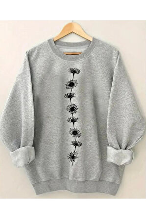 Çiçek Baskılıı Bisiklet Yaka İçi Polarlı Sweatshirt