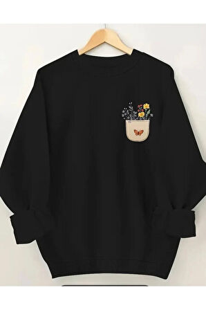 Göğüs Baskılıı Bisiklet Yaka İçi Polarlı Sweatshirt