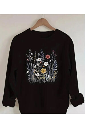Çiçekler Baskılıı Bisiklet Yaka İçi Polarlı Sweatshirt