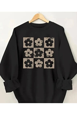 Çiçekler Baskılıı Bisiklet Yaka İçi Polarlı Sweatshirt