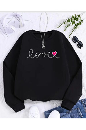 Love Yazı Detaylı Bisiklet Yaka İçi Polarlı Sweatshirt
