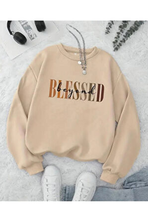 Blessed Baskılıı Bisiklet Yaka İçi Polarlı Sweatshirt