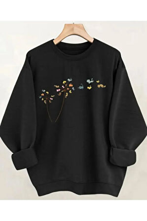 Çiçek Baskılıı Bisiklet Yaka İçi Polarlı Sweatshirt