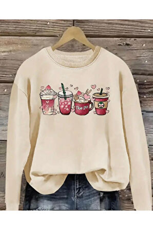 Baskılıı Bisiklet Yaka İçi Polarlı Sweatshirt