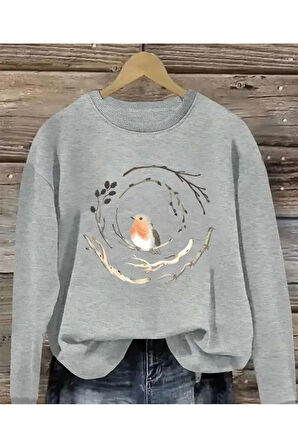 Baskılıı Bisiklet Yaka İçi Polarlı Sweatshirt