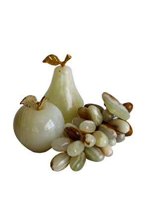 Doğal Oniks Taş Meyve Seti – 6 İnç Ayaklı Çanak, El Yapımı Armut-Elma-Üzüm Dekor, Beyaz & Kahve Desenli