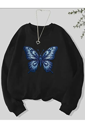 Kelebek Desen Detaylı Bisiklet Yaka İçi Polarlı Sweatshirt