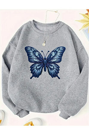 Kelebek Desen Detaylı Bisiklet Yaka İçi Polarlı Sweatshirt
