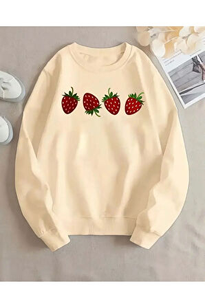 Çilek Baskılı Bisiklet Yaka İçi Polarlı Sweatshirt