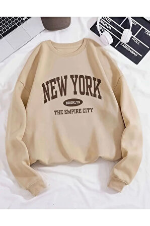 New York Desen Detaylı Bisiklet Yaka İçi Polarlı Sweatshirt