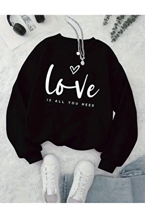 Love Yazı Baskılı Bisiklet Yaka İçi Polarlı Sweatshirt