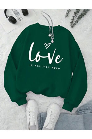 Love Yazı Baskılı Bisiklet Yaka İçi Polarlı Sweatshirt