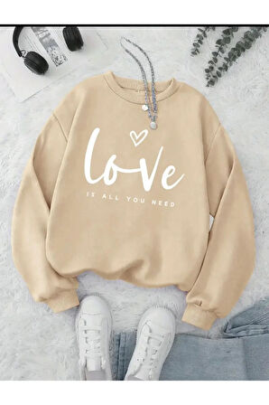 Love Yazı Baskılı Bisiklet Yaka İçi Polarlı Sweatshirt