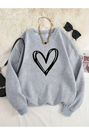 Kalp Baskılı Bisiklet Yaka İçi Polarlı Sweatshirt