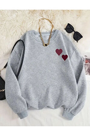 Göğüs Kalp Baskılı Bisiklet Yaka İçi Polarlı Sweatshirt