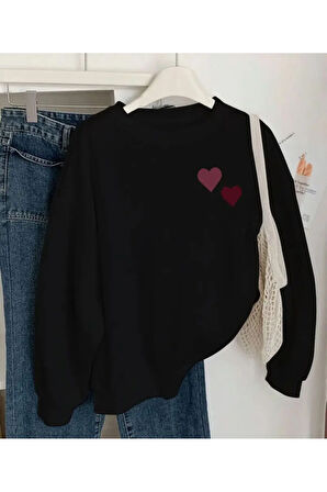 Göğüs Kalp Baskılı Bisiklet Yaka İçi Polarlı Sweatshirt