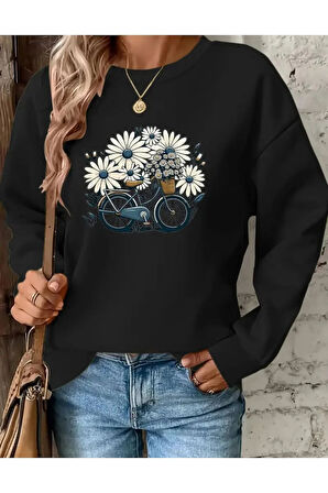 Baskılı Bisiklet Yaka İçi Polarlı Sweatshirt
