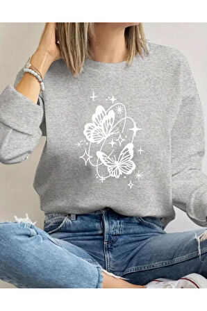 Kelebek Desen Detaylı Bisiklet Yaka İçi Polarlı Sweatshirt