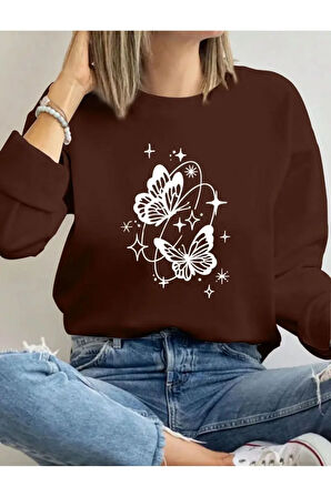 Kelebek Desen Detaylı Bisiklet Yaka İçi Polarlı Sweatshirt