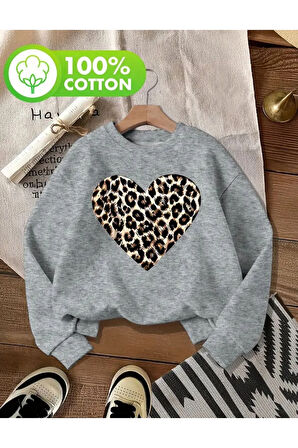 Leopar Kalp Desen Detaylı Bisiklet Yaka İçi Polarlı Sweatshirt