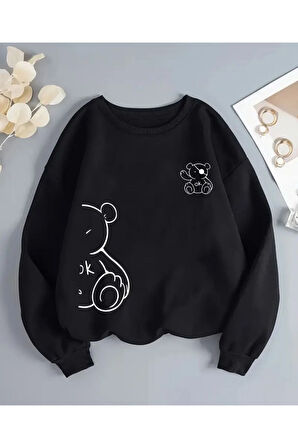 Ayıcık Desen Detaylı Bisiklet Yaka İçi Polarlı Sweatshirt