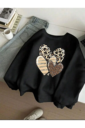 Kalp Desen Detaylı Bisiklet Yaka İçi Polarlı Sweatshirt