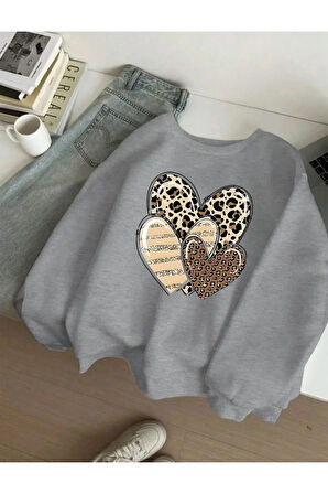 Kalp Desen Detaylı Bisiklet Yaka İçi Polarlı Sweatshirt