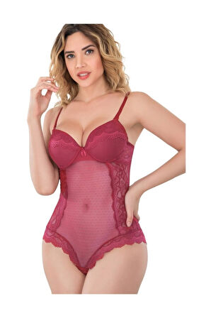Kadın Bordo Transparan Dantel Südyen Body