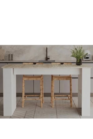 Vegas Bar Masası Geniş Mutfak Yemek Masası - Beyaz - Traverten - 138x69 cm