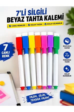 7'li Silgili Beyaz Tahta Kalemi | Akrilik Çizim Panosu Uyumlu Renkli Set