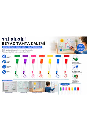 7'li Silgili Beyaz Tahta Kalemi | Akrilik Çizim Panosu Uyumlu Renkli Set
