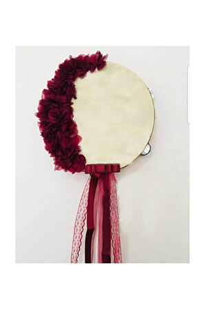 Kına Gecesi Kına Tefi Lazer Gül Süslemeli Ahşap Deri Tef Def Bordo