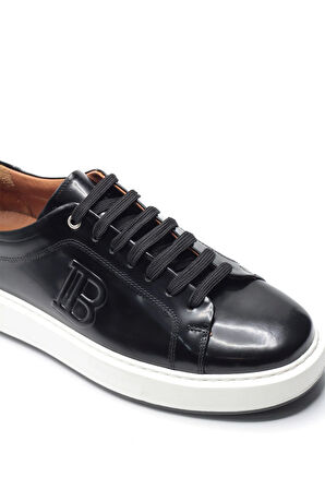 Siyah Hakiki Açma Deri Beyaz Tabanlı Erkek Sneaker Ayakkabı