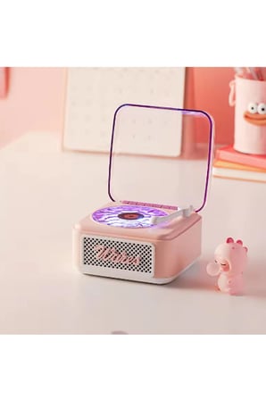 Evimdeyokyok Taşınabilir Hoparlör Pembe Bluetooth 5.4 Retro Plak Mini 3D Ses Projektör Gece Lambası Radyolu