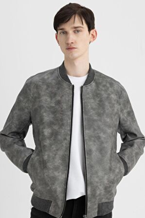 DeFacto Slim Fit Suni Deri Mont Ceket Dar Kesim Kolej Yaka Fermuarlı Cepli Astarlı Mevsimlik Hafif C6971AX24AUAR167