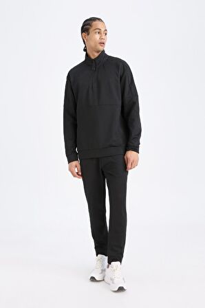 DeFactoFit Standart Fit Dik Yaka Fermuarlı Skuba Dalgıç Kumaş Sporcu Sweatshirt D7305AX25SPBK81