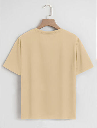 Unisex Oversize Bisiklet Yaka Düz Basic T-Shirt - BEJ