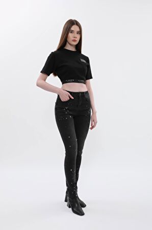 Kadın Yüksek Bel Skinny Fit Dar Paça Benekli Füme Jean Pantolon