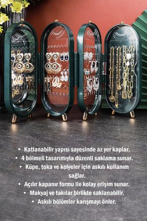4 Bölmeli Takı Organizeri Aynalı Takı Yüzük Standı, Küpe Standı, Kolye Düzenleyici