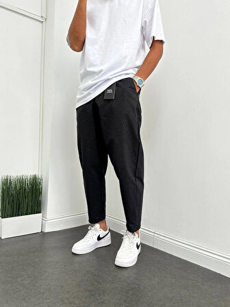 Bel Lastikli Rahat Kesim Dokulu Çizgili Jogger Pantalon