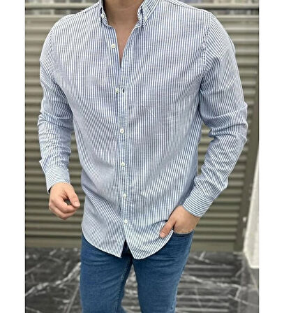 RUFF ÇİZGİLİ SAKS MAVİ GÖMLEK