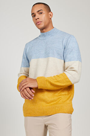 Erkek Mavı-hardal Standart Fit Normal Kesim Yarım Balıkçı Yaka Çizgili Triko Kazak