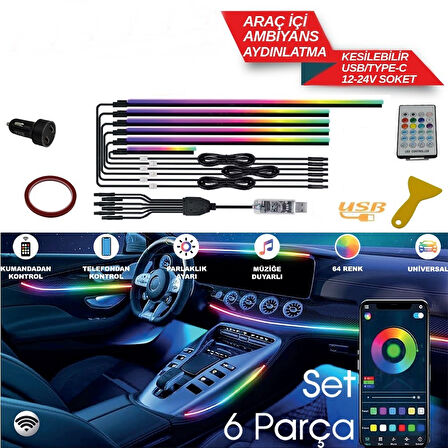 Araç Içi usbli 6 Parça  Atmosfer Ambiyans Led Rgb Ip Neon Telefon+ Wifi+Kumanda Kontrollü