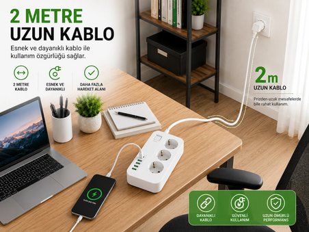 Akım Korumalı 3’lü Priz – 2×USB-C + 4×USB-A Hızlı Şarj, 2m Kablo, Çocuk Korumalı Çoklu Priz