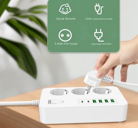 Akım Korumalı 3’lü Priz – 2×USB-C + 4×USB-A Hızlı Şarj, 2m Kablo, Çocuk Korumalı Çoklu Priz