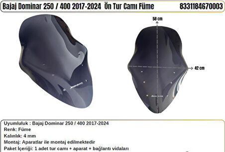 Bajaj Dominar 250/400 Füme (2017-24) Uzun Tur Camı