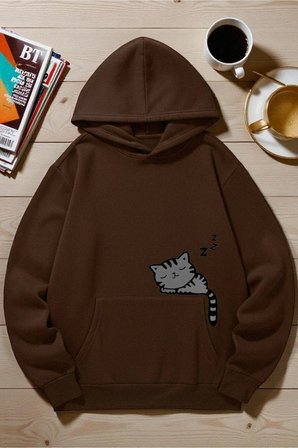 Unisex Uyuyan Kedi Baskılı kapüşonlu Sweatshirt